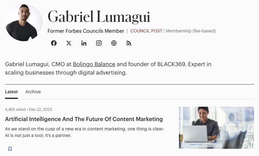 Screenshot of Gabriel Lumagui’s Forbes author page, marked Former Forbes Councils Member, with his 2023 AI article.